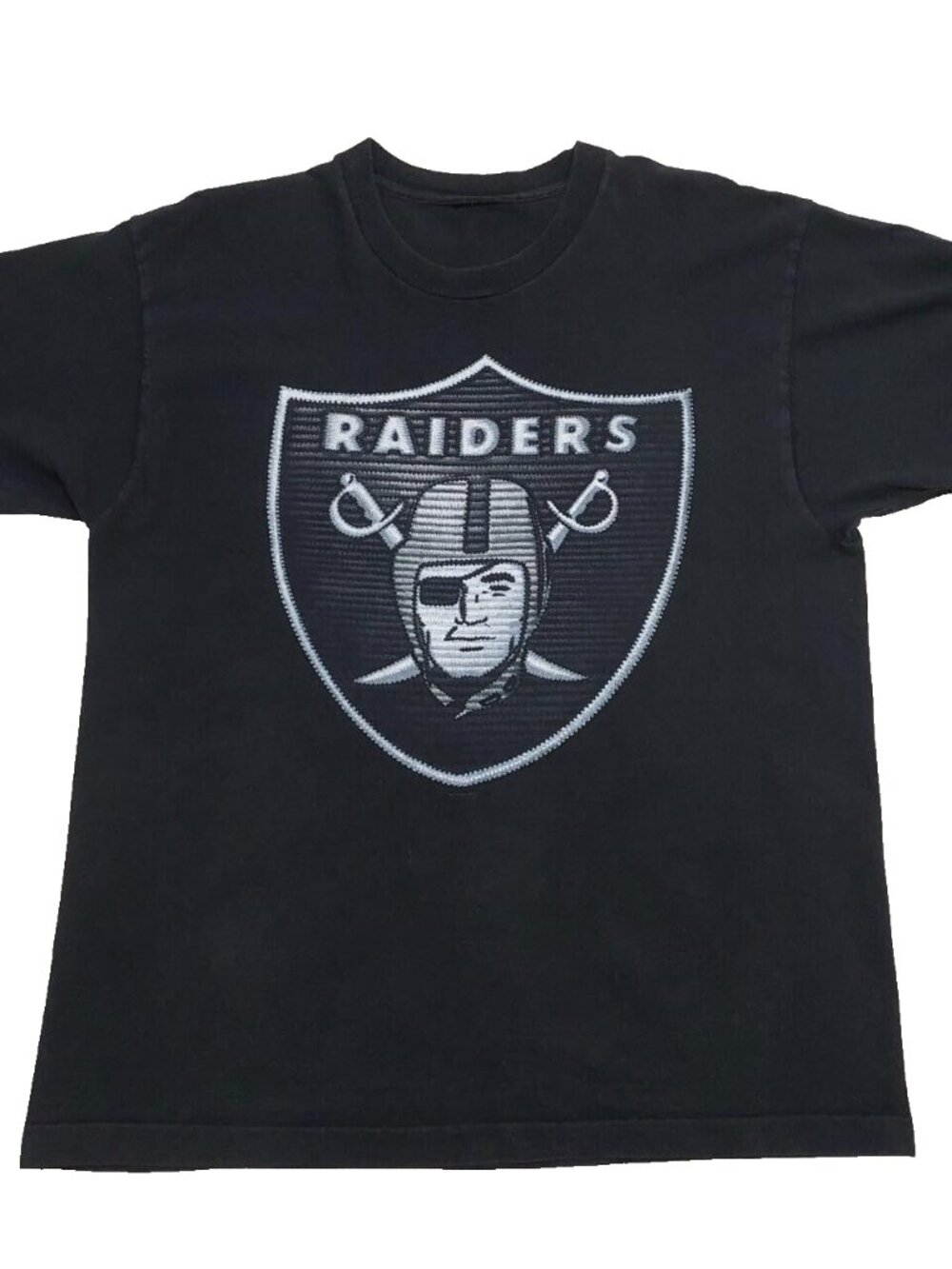 Vtg 90s Oakland Raiders Badge Logo Black Single Stitch Mens T-Shirt. Fits Sz XL.